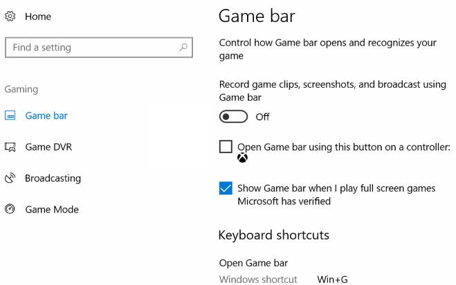 Game Bar Windows 10 - Sttings